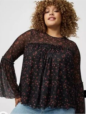 Torrid Black Sheer Floral Babydoll Blouse with Flowers